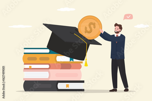 Saving money for education. Stack of book and graduation hat, young adult student insert dollar coin into cap. High cost of education. Payment for course or learning