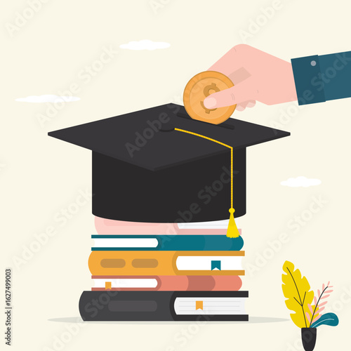 Education investment. Saving money for education. Stack of book and graduation hat, student hand insert dollar coin into cap. High cost of education