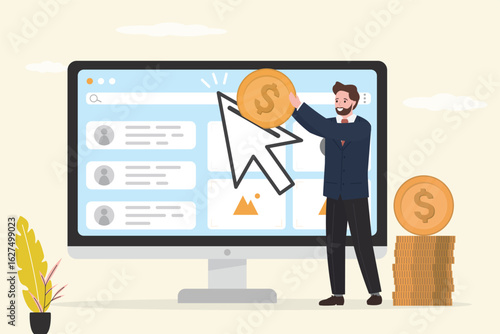 Businessman insert money coin into mouse pointer to click to website. Paid media or pay per click advertising, marketing campaign pay for online ads for users to visit website.