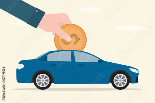 Buy a car with installment, Car leasing or loan, Human hand puts gold coins into a new car. Auto loan. high cost of servicing or repairing a personal vehicle
