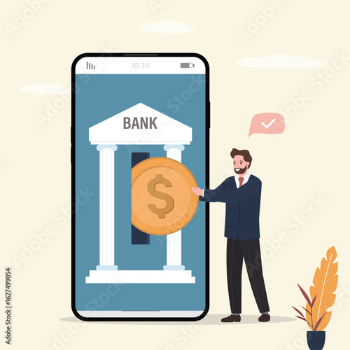 Businessman insert golden coin in smartphone. Contactless direct payment using smart phone app and bank account or credit card data.