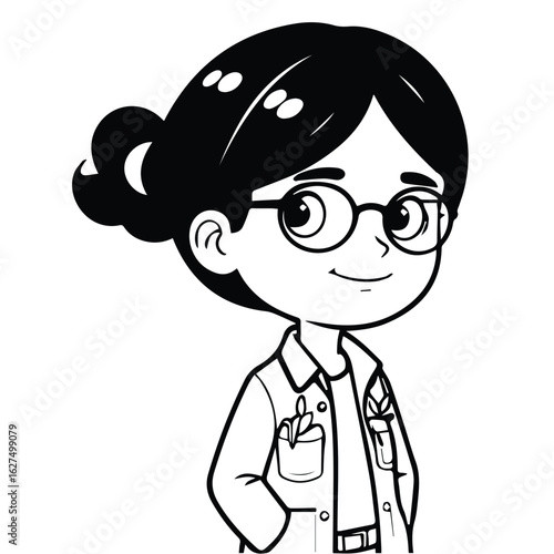 Young girl wearing a jacket with a plant in her pocket, standing confidently with hands in pockets, against a plain white background. Girl scientist in a lab coat, laboratory setting.