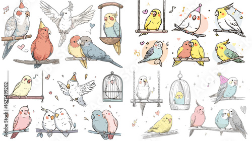 Colorful birds like cockatiels and parakeets perched on branches and swings, in a whimsical hand-drawn style with pastel tones.

