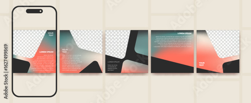 Modern carousel social media post templates with flowing abstract shapes and gradient overlays. Mobile mockup with swipeable cards with organic forms and text placeholders for content creators.