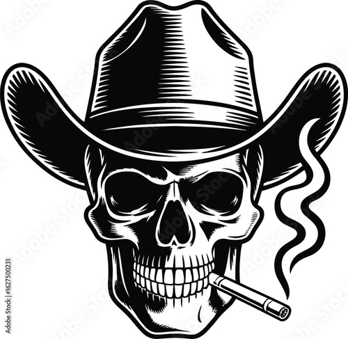 Monochrome illustration showcases a skull wearing a cowboy hat and smoking, rendered in a bold, graphic style perfect for edgy designs, tattoos, or western-themed artwork.