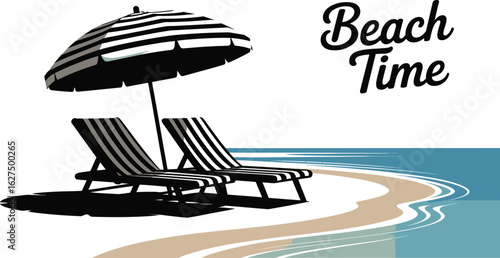 Two beach chairs under a striped umbrella evoke a relaxing beach time getaway, perfect for summer vacation vibes and coastal relaxation with a minimalist, vector design.