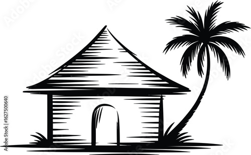 A minimalist black and white sketch showcases a simple hut with a thatched roof, complemented by a gracefully curved palm tree, evoking a tropical island vibe and serene escape.