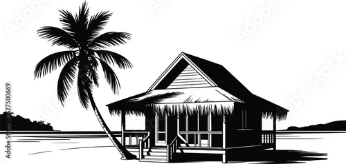 A tropical beach scene showcases a charming bungalow with a thatched roof, complemented by a swaying palm tree, all rendered in a striking black and white vector illustration.