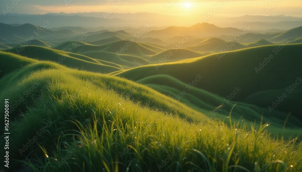 Fototapeta premium Serene sunrise over rolling hills and grassy landscape