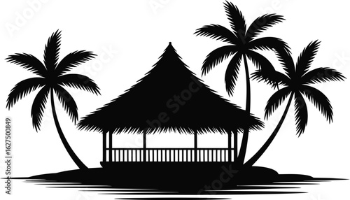 Silhouette of a tropical beach scene featuring palm trees and a thatched roof hut, evoking a sense of vacation, relaxation, and island getaway in a simple design.