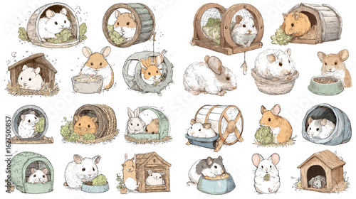 Cute hand-drawn hamsters and guinea pigs playing in cozy cages, tunnels, and nests, drawn in soft pastel colors with charming expressions.

