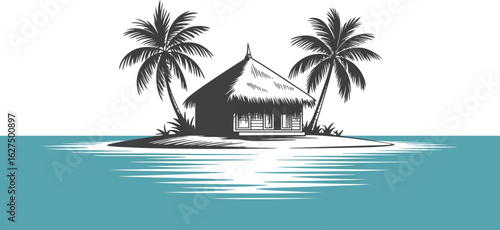 Tropical island getaway featuring a thatched-roof bungalow nestled between two palm trees, evoking a sense of relaxation, vacation, and exotic travel destinations.