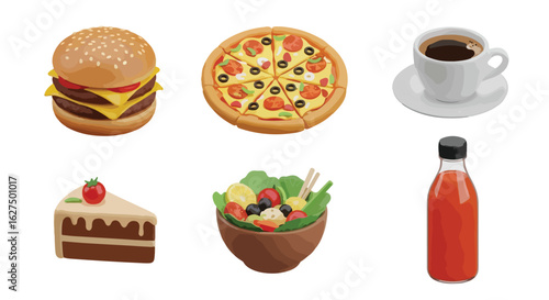 Assorted food items burger pizza coffee cake salad and juice illustration