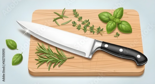 A sharp chef's knife resting on a wooden cutting board, surrounded by fresh aromatic herbs like basil, rosemary, and thyme for cooking.