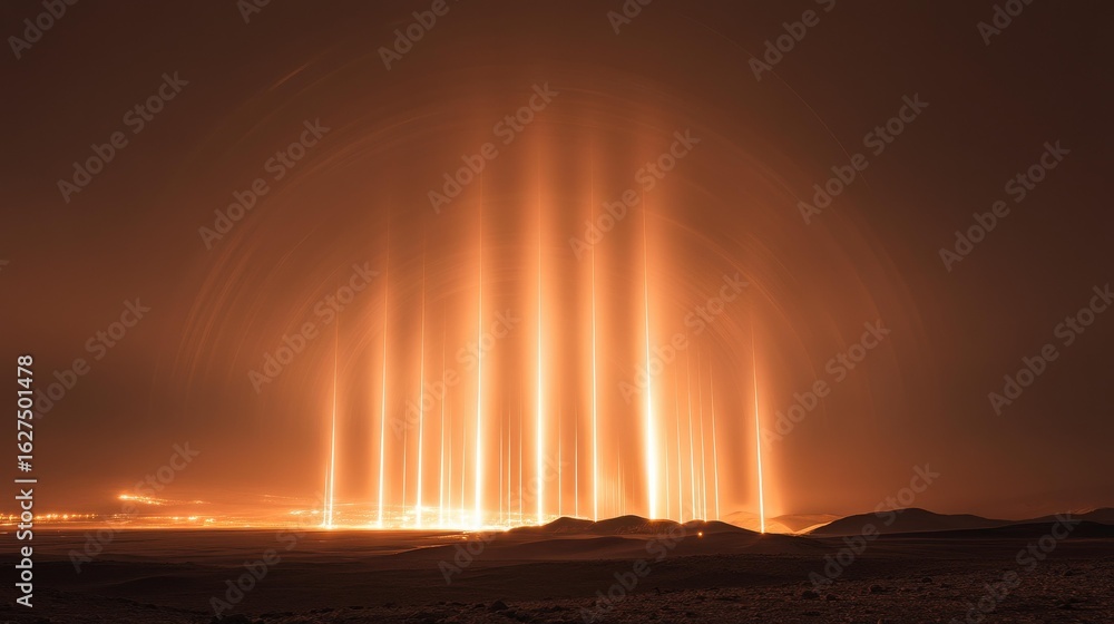 Naklejka premium Numerous light beams illuminating desert landscape at night