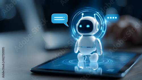 AI chatbot technology, virtual assistant for customer service, futuristic smart automation, AI-powered chatbot on tablet, digital business support, artificial intelligence conversation bot.