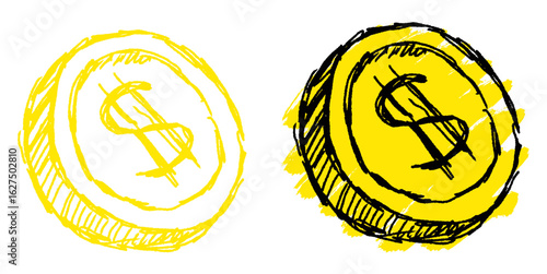 Sketch draw coin vector for finance, business, and commerce with a raw, artistic feel. Ideal for illustrating banking, transactions, and creative themes.