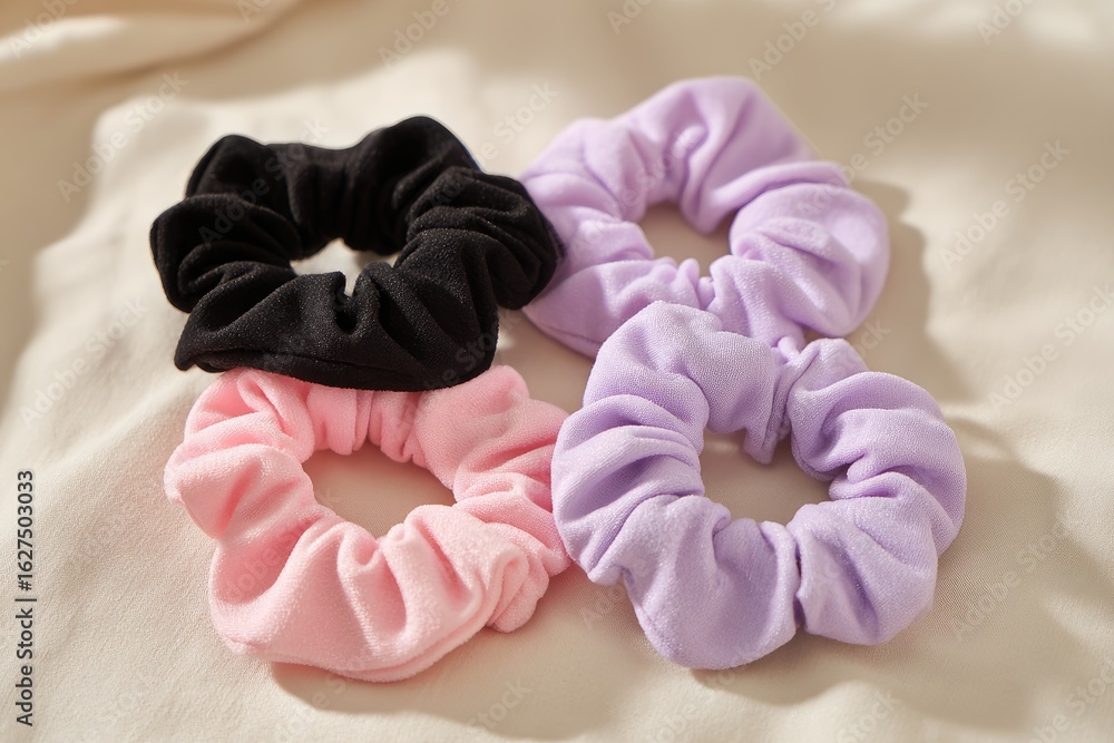 Obraz premium Four scrunchie hair ties in pastel colors on a cream-colored fabric