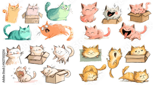 Playful cartoon cats in dynamic poses and expressions, with soft pastel colors and expressive moods, including cats in boxes.

