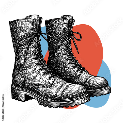 Illustrated combat boots with laces on colorful abstract background  