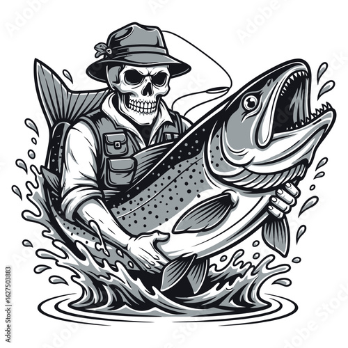 skeleton fisherman trout fish fishing illustration logo vector image t shirt