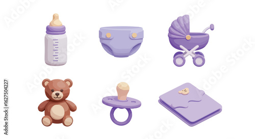 Baby items collection illustration with bottle diaper stroller teddy bear and pacifier