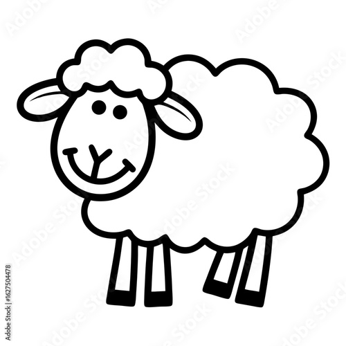 Vector icon, clipart outline drawing of a cute sheep with a smile , isolated on transparent background.