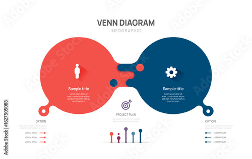 Venn diagram business infographic circle chart template 2 steps options, presentation with venn diagram elements vector illustration.