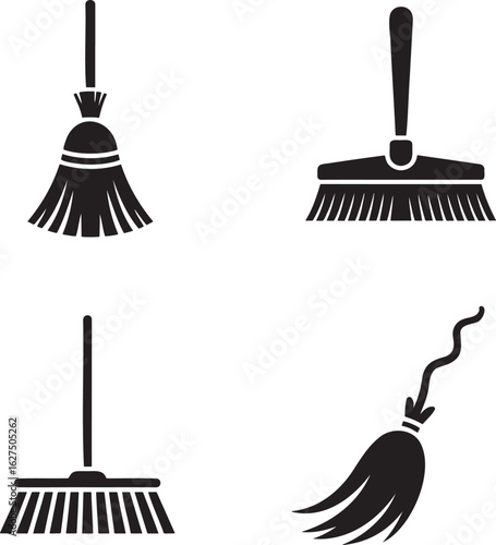 Broom silhouette set vector illustration isolated on transparent background