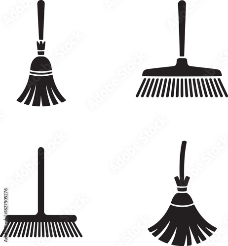 Broom silhouette set vector illustration isolated on transparent background