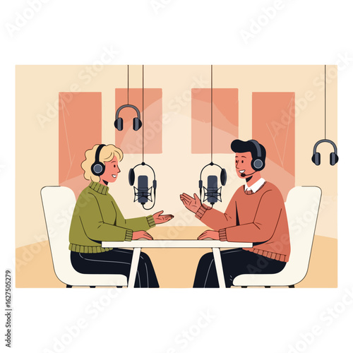vector of a woman and a man recording podcast content together