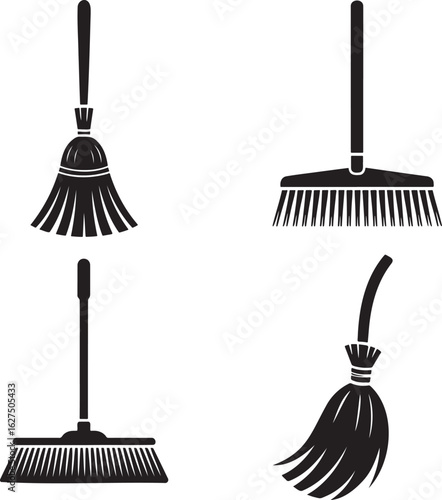 Broom silhouette set vector illustration isolated on transparent background