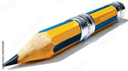 Illustration of Striped Yellow and Blue Pencil with Metal Band