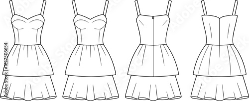Cad drawing flat vector illustration, dress design sketch, sweetheart neckline, spaghetti straps, flared skirt, button-down front, fashion blueprint