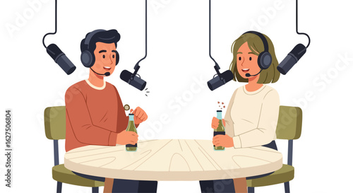vector of a woman and a man recording podcast content together