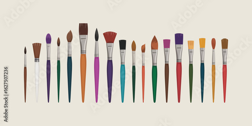 Paintbrushes Icon Set, Flat Vector Illustration Featuring Diverse Brushes with Multiple Bristle Types for Painting, Drawing, and Artistic Accessories
