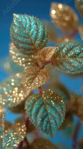 Wallpaper Mural Close-up of shimmering teal and gold leaves against a blue backdrop Torontodigital.ca