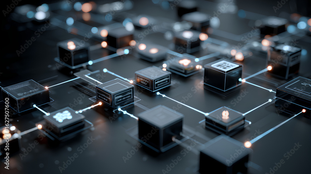 Obraz premium AI workflow automation artificial intelligence software interface nodes triggers data tool dashboard coding icon flow process technology 3d rendering. Stock Illustration