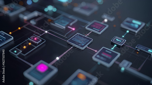 AI workflow automation artificial intelligence software interface nodes triggers data tool dashboard coding icon flow process technology 3d rendering. Stock Illustration