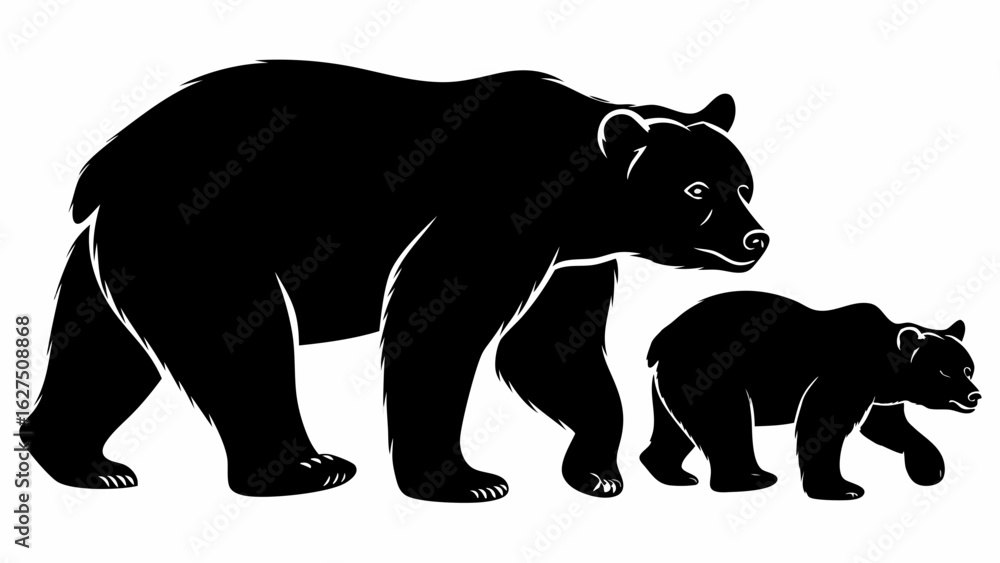 Fototapeta premium Black Bear and Cub Silhouettes Walking