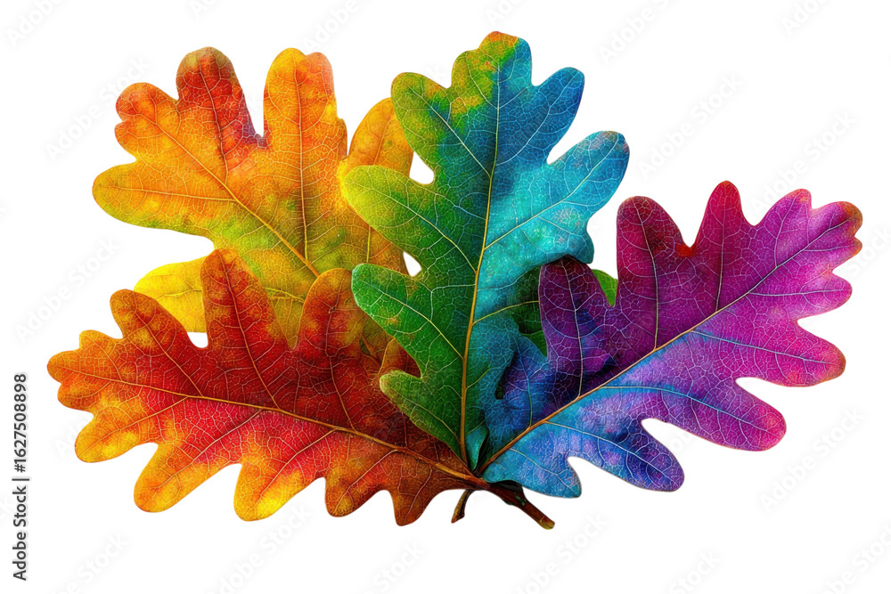 Fototapeta premium Vibrant rainbow oak leaf illustration, colorful watercolor autumn foliage graphic, multicolor botanical design for seasonal branding isolated on Transparent Background