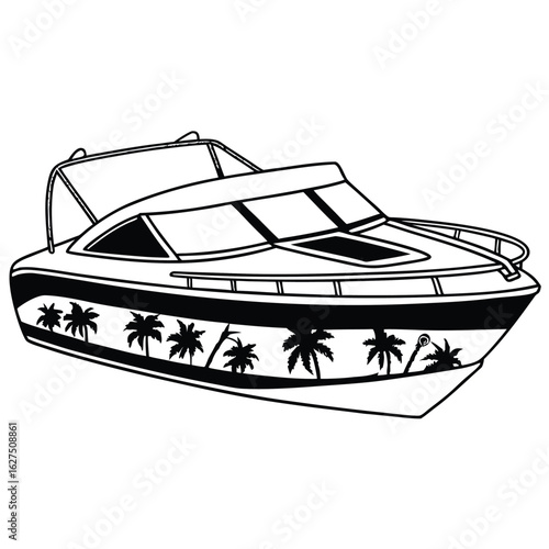 Vibrant 1960s speedboat illustration with a striking turquoise hull evoking retro summer vibes and classic nautical adventures