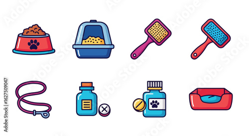 Cartoon illustration set of pet supplies with food bowl litter box and medicine