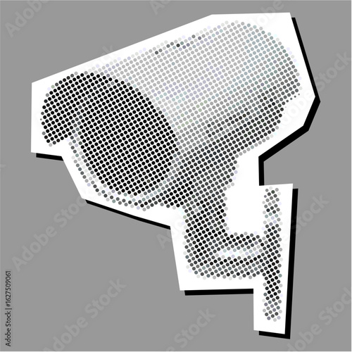 halftone stipple CCTV camera dotted collage element pointillize in paper torn vector. Represents surveillance, security, and monitoring with a textured, deconstructed feel.