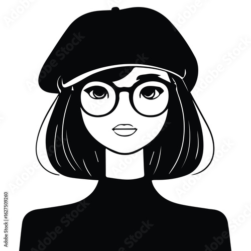 Young woman with short dark hair and glasses in a beret and turtleneck sweater, poised in a neutral, frontal pose against a plain white background.