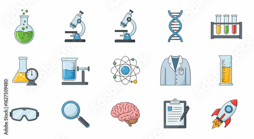 A colorful set of science and research icons including a microscope, DNA, test tubes, and a rocket.