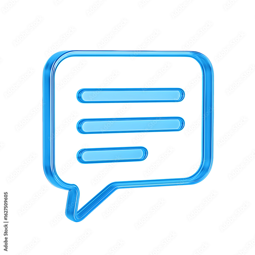 3D speech bubble icon with blue translucent outline and horizontal text lines, isolated on transparent background 3D speech bubble icon with blue translucent outline and horizontal text lines, isolated on transparent background