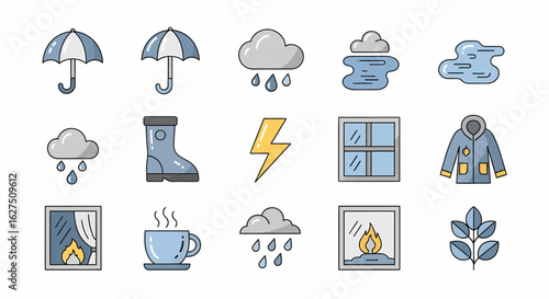A collection of flat icons representing various weather conditions and related items, including umbrellas, rain clouds, puddles, boots, lightning, windows, and a raincoat.