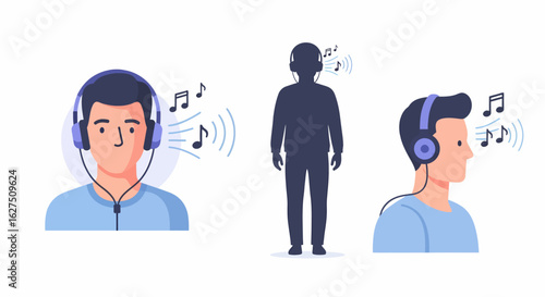 Illustration of three individuals wearing headphones, with musical notes and sound waves emanating, suggesting listening to audio.
