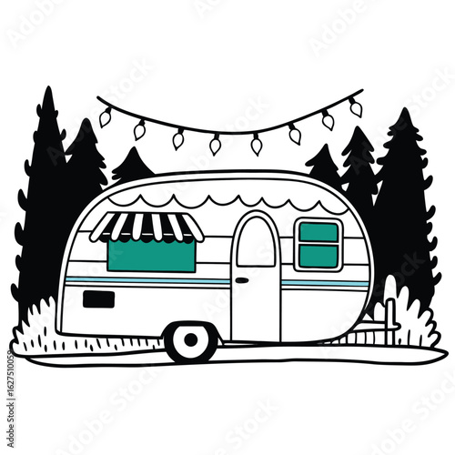 Charming 1960s camper trailer illustration in soft pastel yellow perfect for retro travel themes and vintage advertising